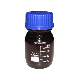 BOTTLE REAGENT AMBER GLASS GRADUATED WITH BLUE SCREW CAP 100ml