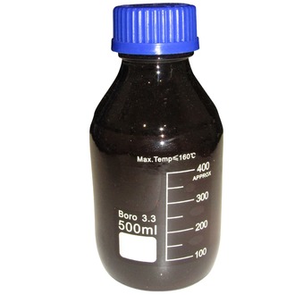 BOTTLE REAGENT AMBER GLASS GRADUATED WITH BLUE SCREW CAP 500ml