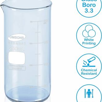 BEAKER BOROSILICATE GLASS GRADUATED 250ML TALL FORM OMSON BRAND