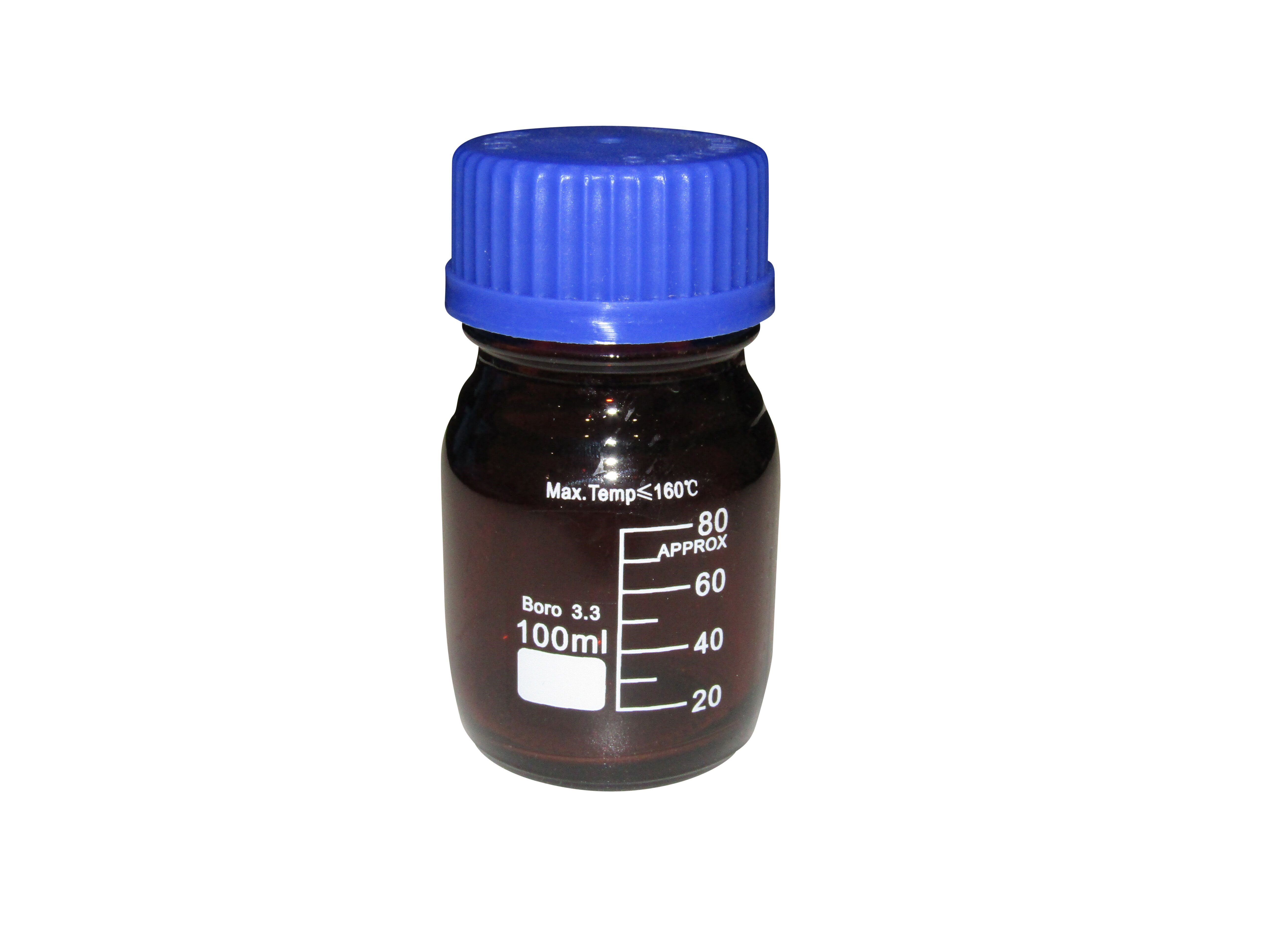 BOTTLE REAGENT AMBER GLASS GRADUATED WITH BLUE SCREW CAP 100ml