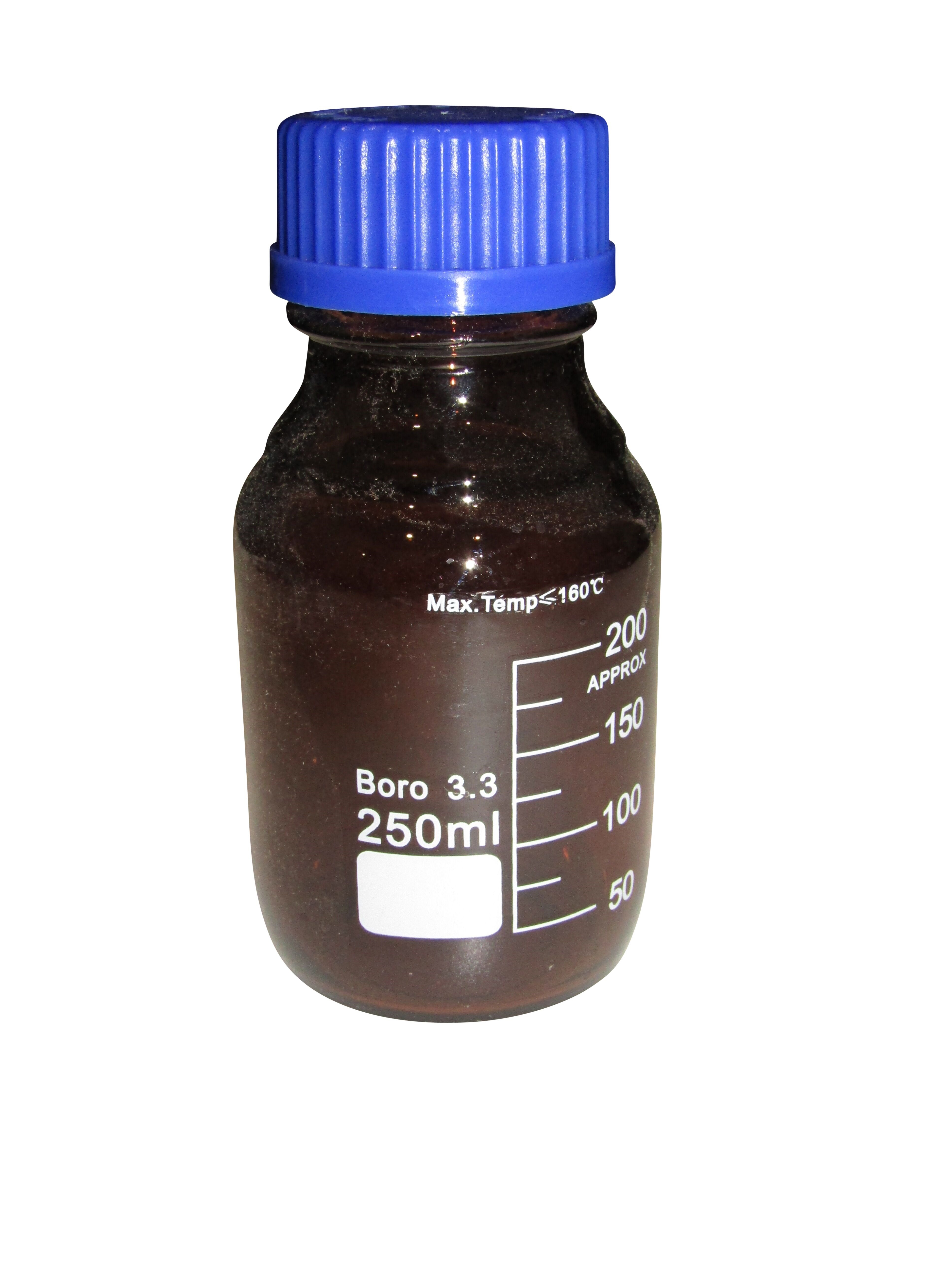 BOTTLE REAGENT AMBER GLASS GRADUATED WITH BLUE SCREW CAP 250ml