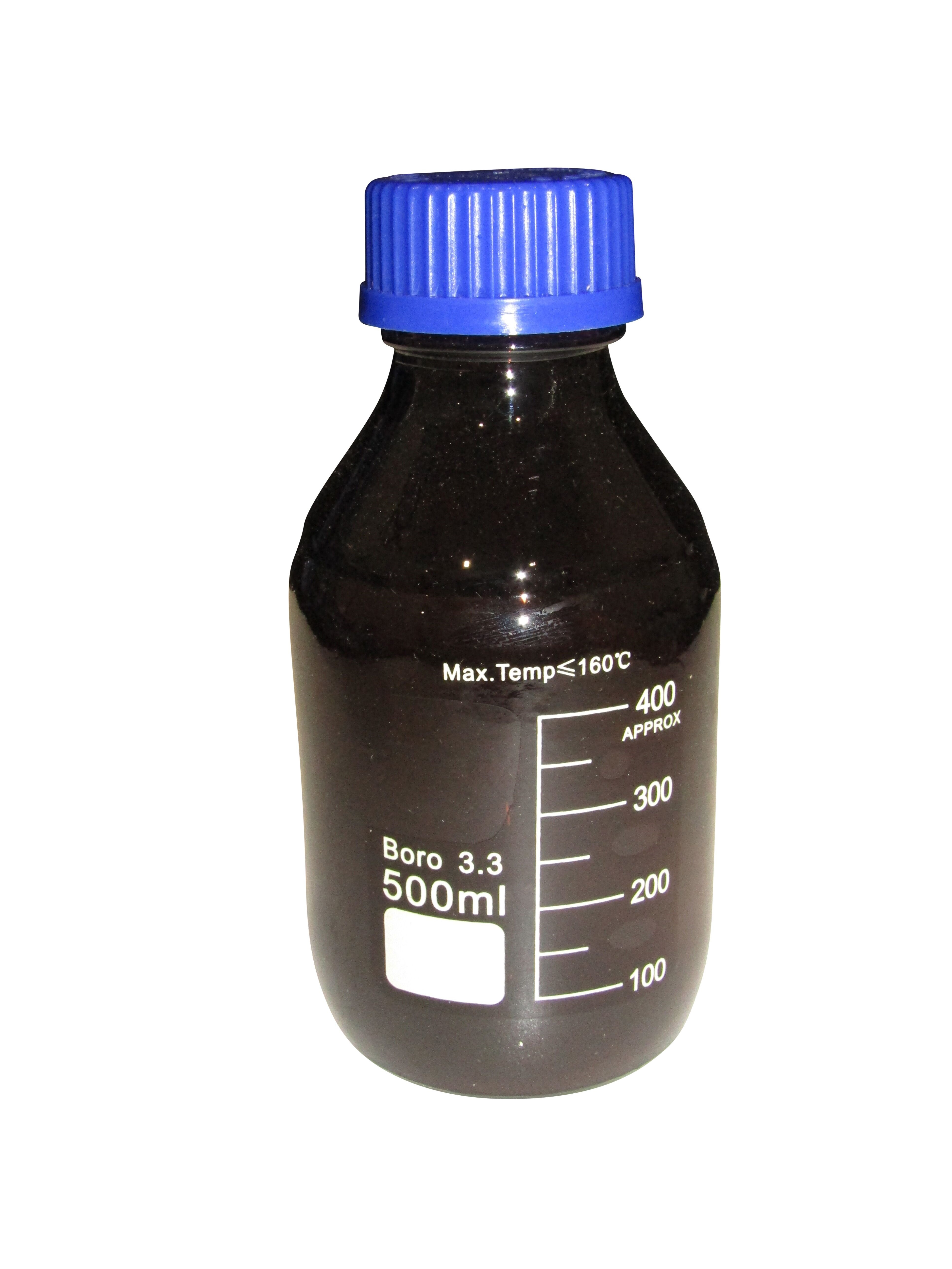 BOTTLE REAGENT AMBER GLASS GRADUATED WITH BLUE SCREW CAP 500ml