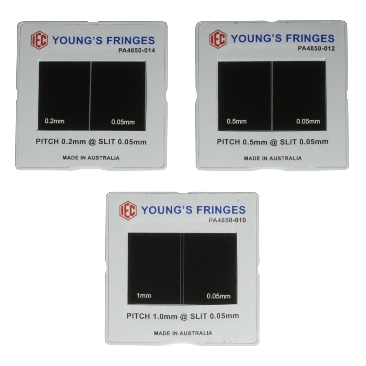 YOUNG'S FRINGES SET / 3x DOUBLE SLIT 1.0 0.5 0.2 PITCH<p hidden>YOUNGS</p>