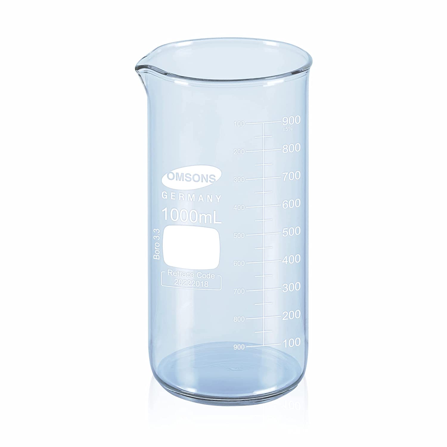 BEAKER BOROSILICATE GLASS GRADUATED 1000ML TALL FORM OMSON BRAND