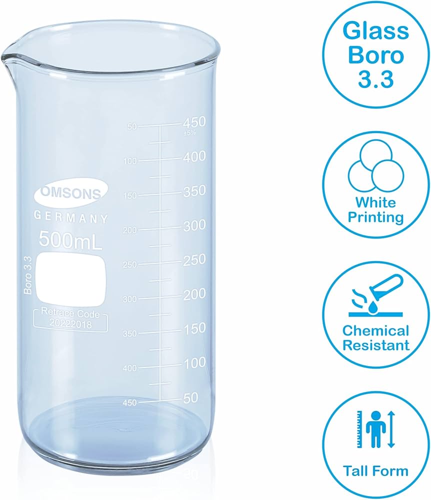 BEAKER BOROSILICATE GLASS GRADUATED 500ML TALL FORM OMSON BRAND