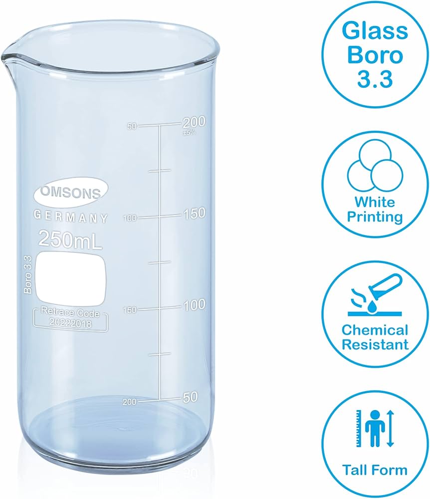 BEAKER BOROSILICATE GLASS GRADUATED 250ML TALL FORM OMSON BRAND