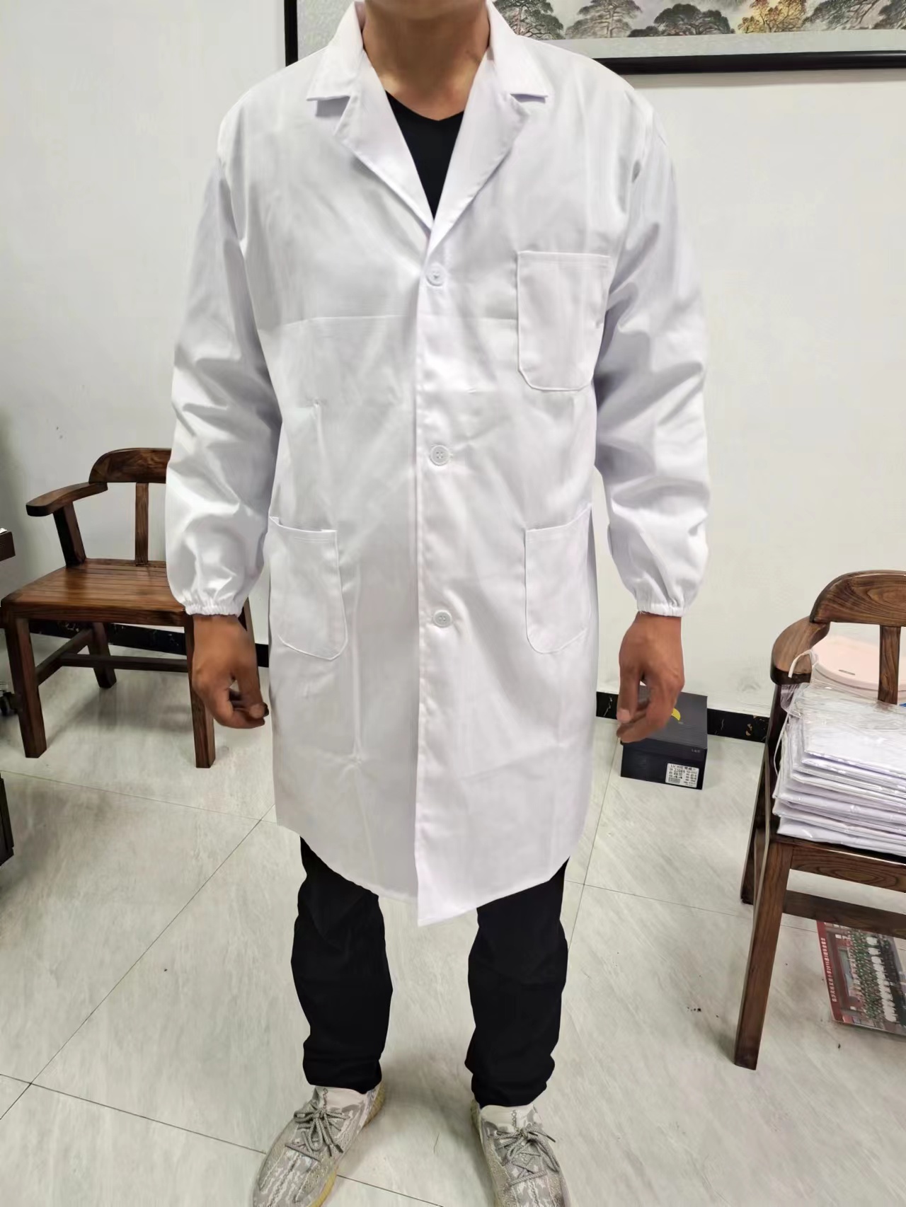 LAB COAT ELASTIC CUFF THREE POCKET WHITE SMALL